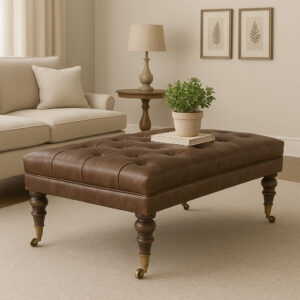 Solid Mango Wood Light Walnut Finished and Leather Upholstered Bench