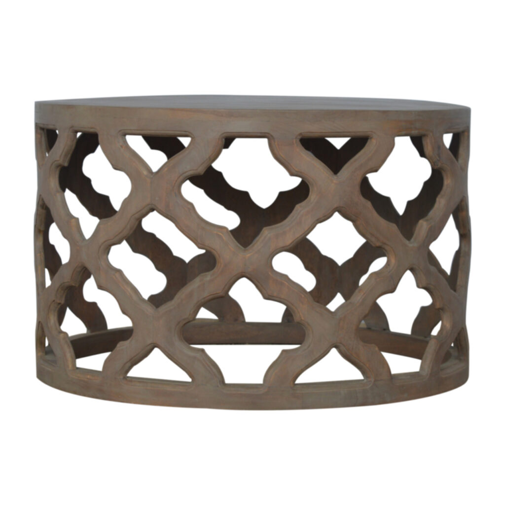 Solid Mango Wood Grey Washed Finished Hand Carved Round Stool