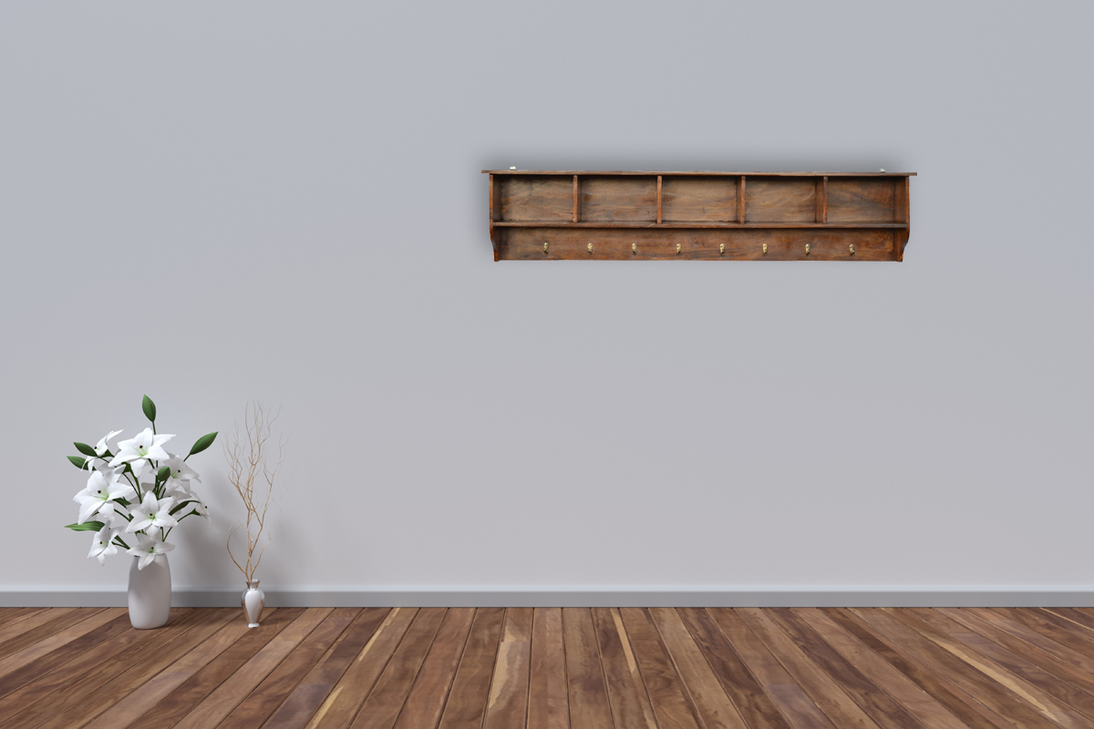 Solid Mango Wood Oak Finished Floating Hook Storage Unit