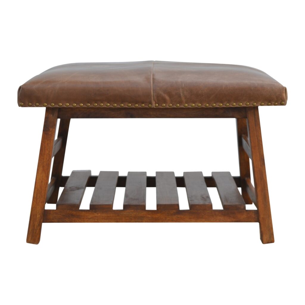 Solid Mango Wood Chestnut Finished Brown Leather Square Foot Stool with Shelf