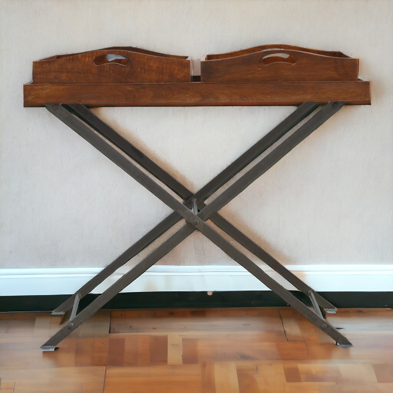 Solid Mango Wood Chestnut Finished Industrial Double Butler Tray Table