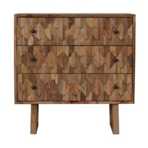 Solid Mango Wood Oak Finished 3 Drawer Pineapple Patterned Chest with 'U' Shaped Legs