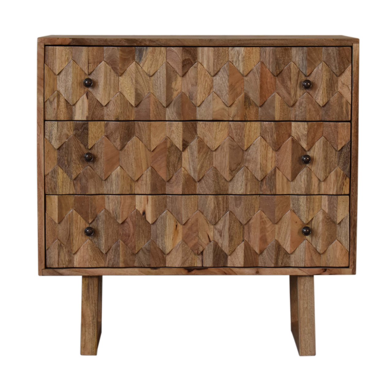 Solid Mango Wood Oak Finished 3 Drawer Pineapple Patterned Chest with 'U' Shaped Legs