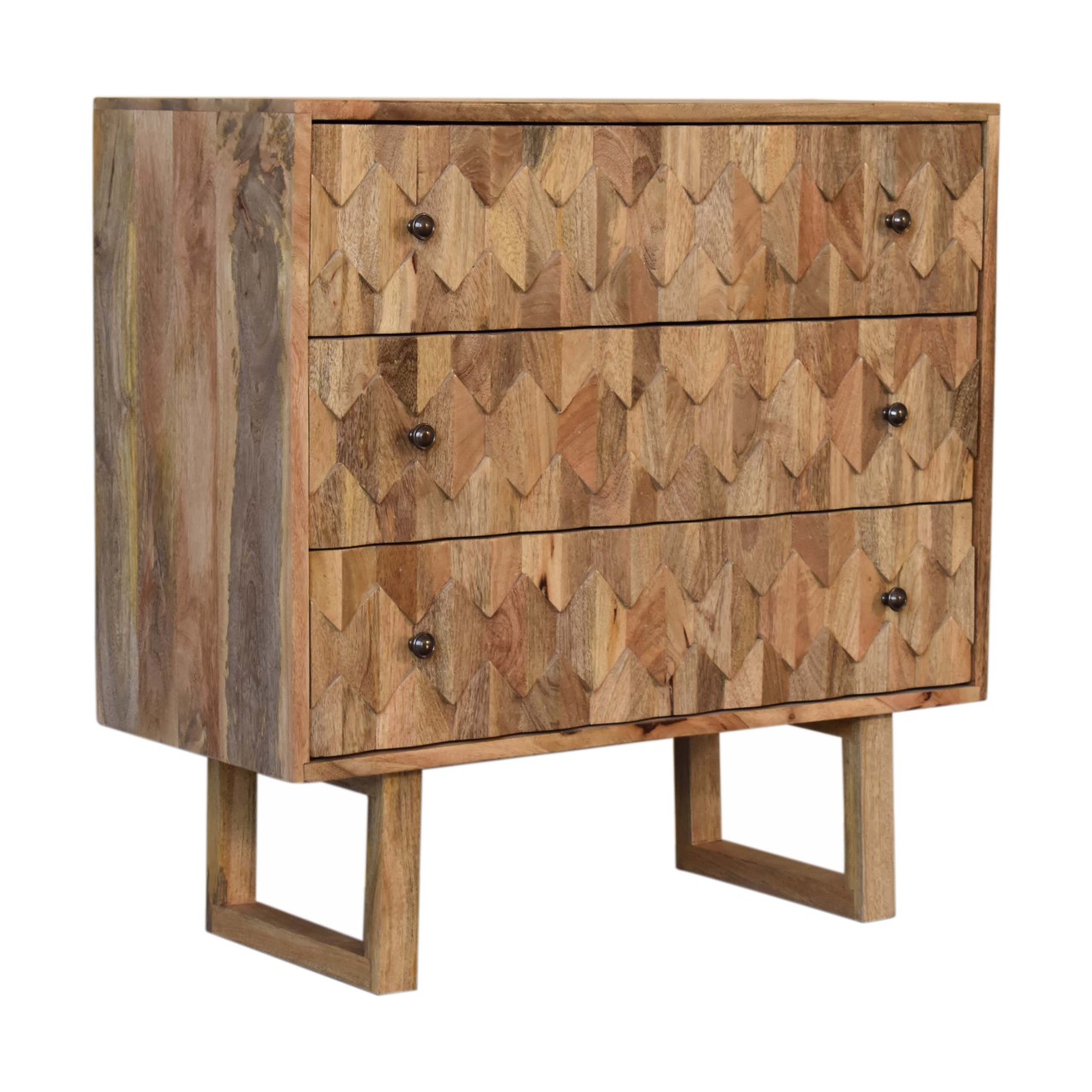 Solid Mango Wood Oak Finished 3 Drawer Pineapple Patterned Chest with 'U' Shaped Legs - Image 2