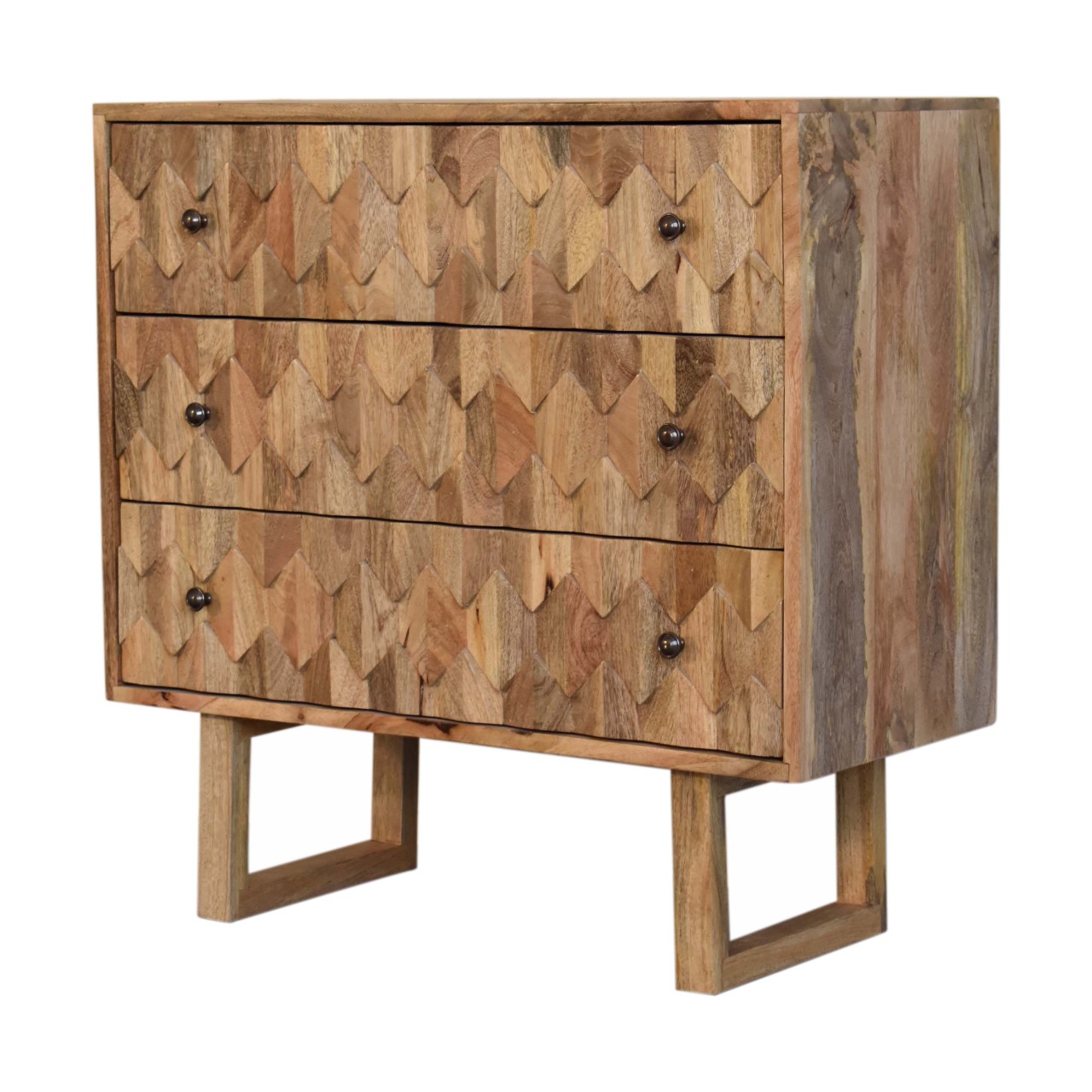 Solid Mango Wood Oak Finished 3 Drawer Pineapple Patterned Chest with 'U' Shaped Legs - Image 3