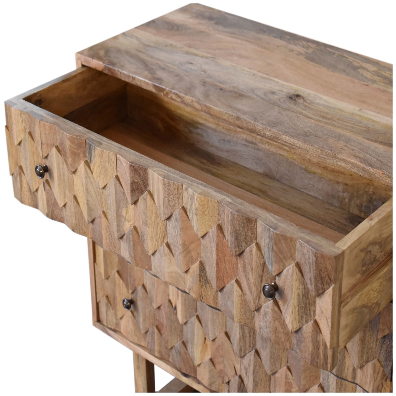 Solid Mango Wood Oak Finished 3 Drawer Pineapple Patterned Chest with 'U' Shaped Legs - Image 6