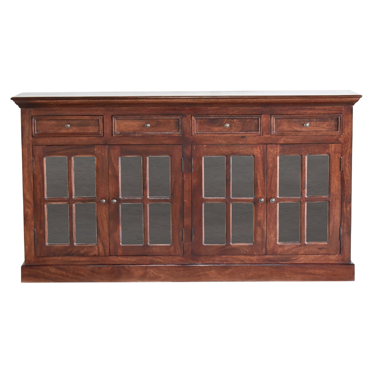Solid Mango Wood Large Cherry Finished 4 Glass Doors 4 Drawers Sideboard