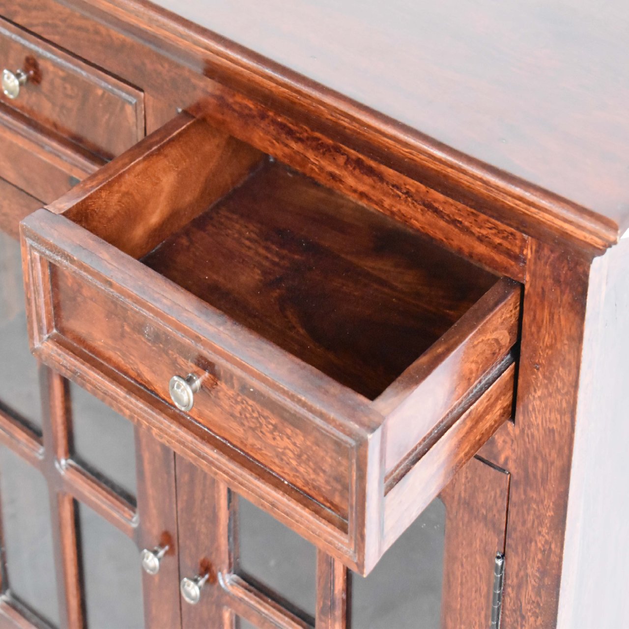 Solid Mango Wood Large Cherry Finished 4 Glass Doors 4 Drawers Sideboard - Image 6