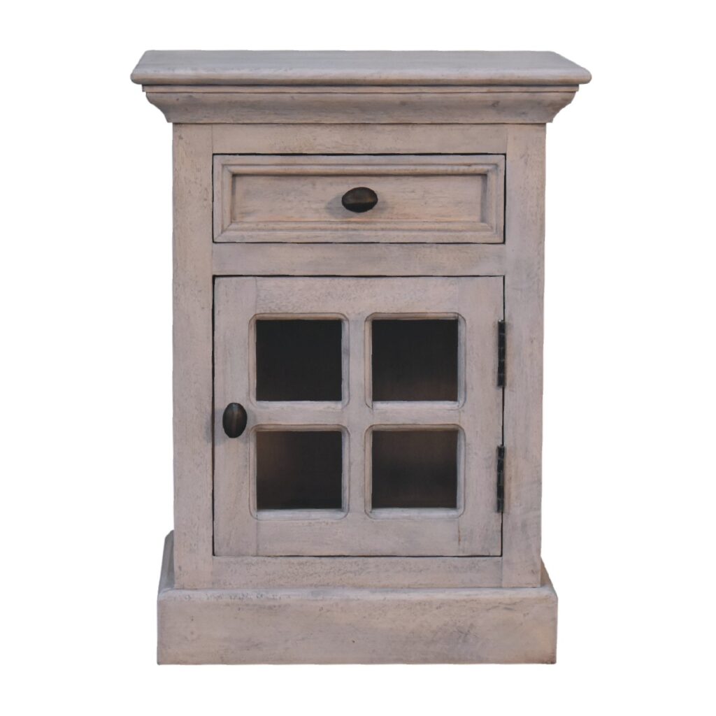 Solid Mango Wood Acid Washed Finished 1 Glass Door 1 Drawer Bedside