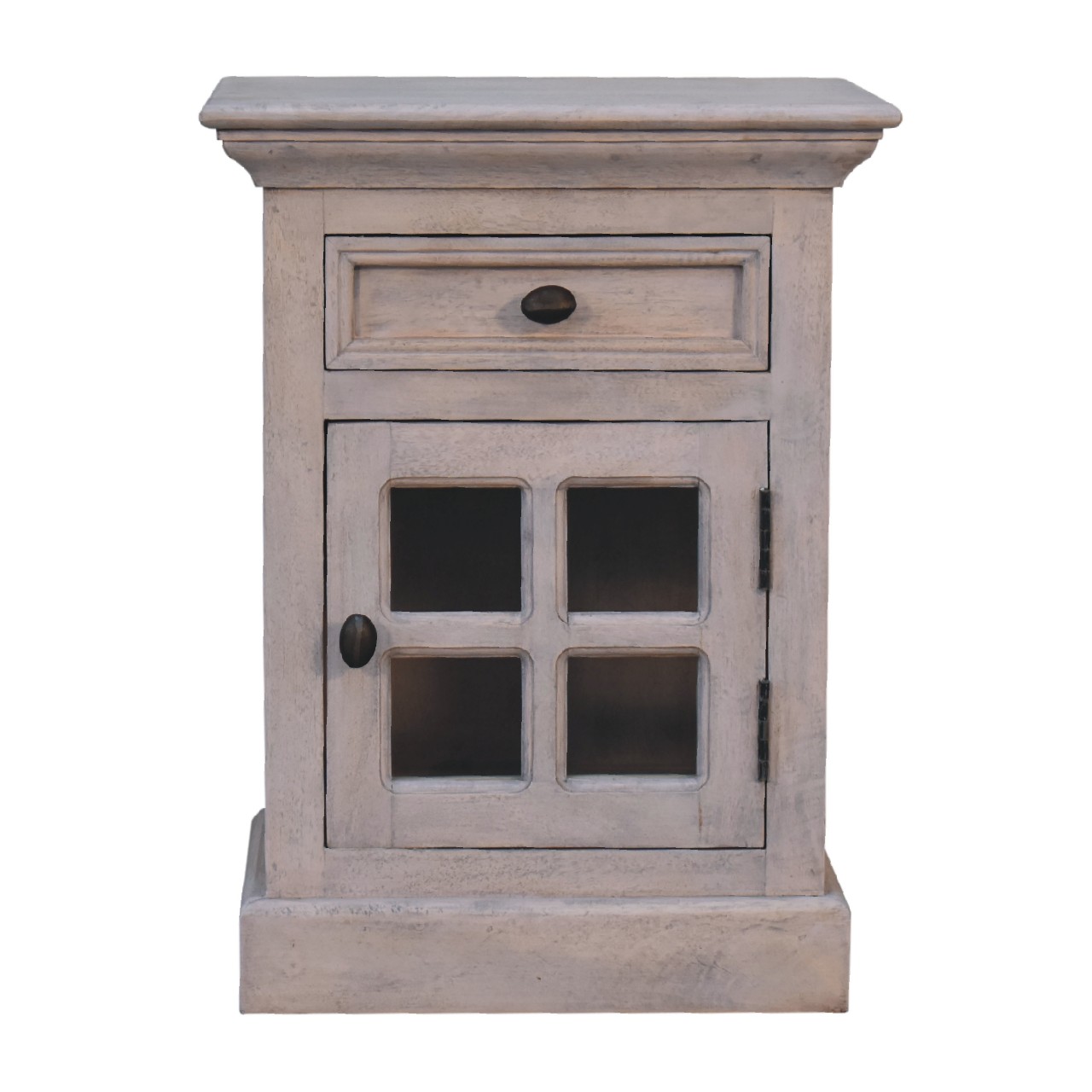 Solid Mango Wood Acid Washed Finished 1 Glass Door 1 Drawer Bedside