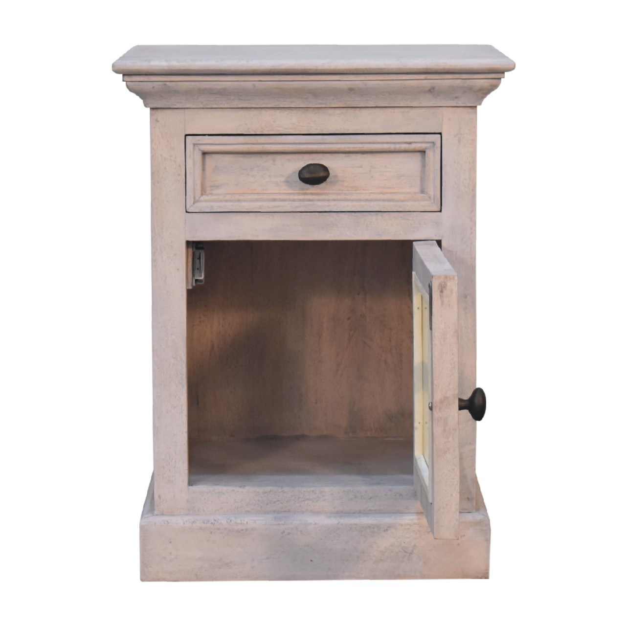 Solid Mango Wood Acid Washed Finished 1 Glass Door 1 Drawer Bedside - Image 7