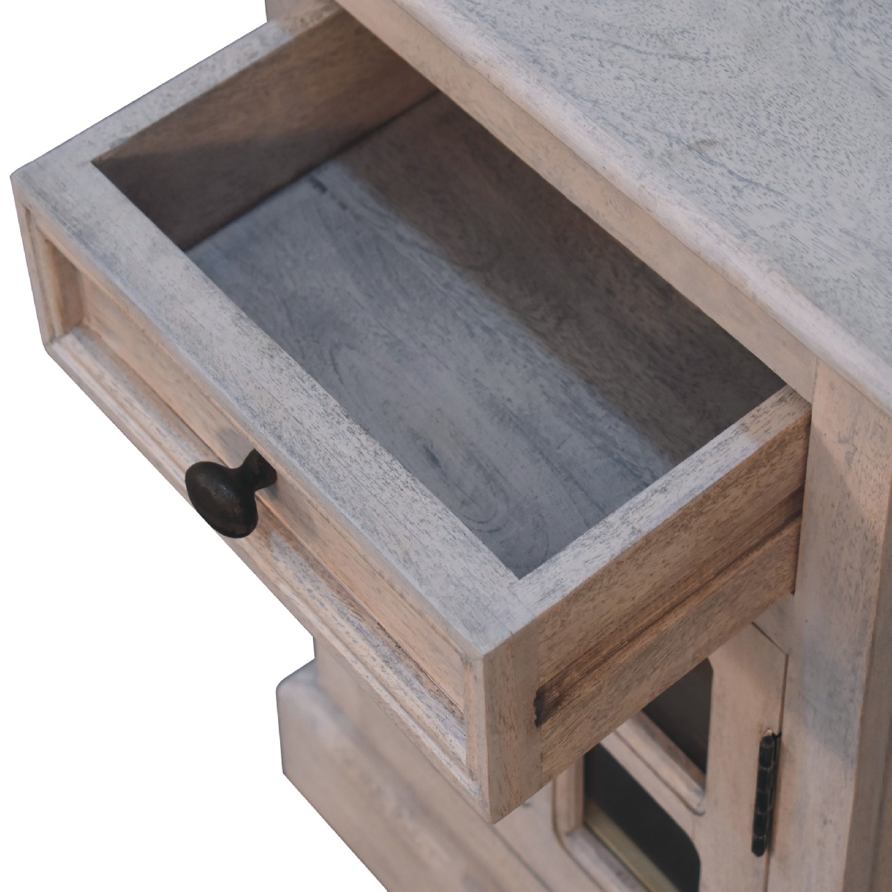 Solid Mango Wood Acid Washed Finished 1 Glass Door 1 Drawer Bedside - Image 8