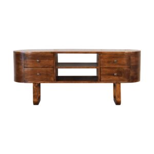 Solid Mango Wood Chestnut Finished 2 Drawer Rounded Corners Media TV Unit with 'U' Shaped Legs
