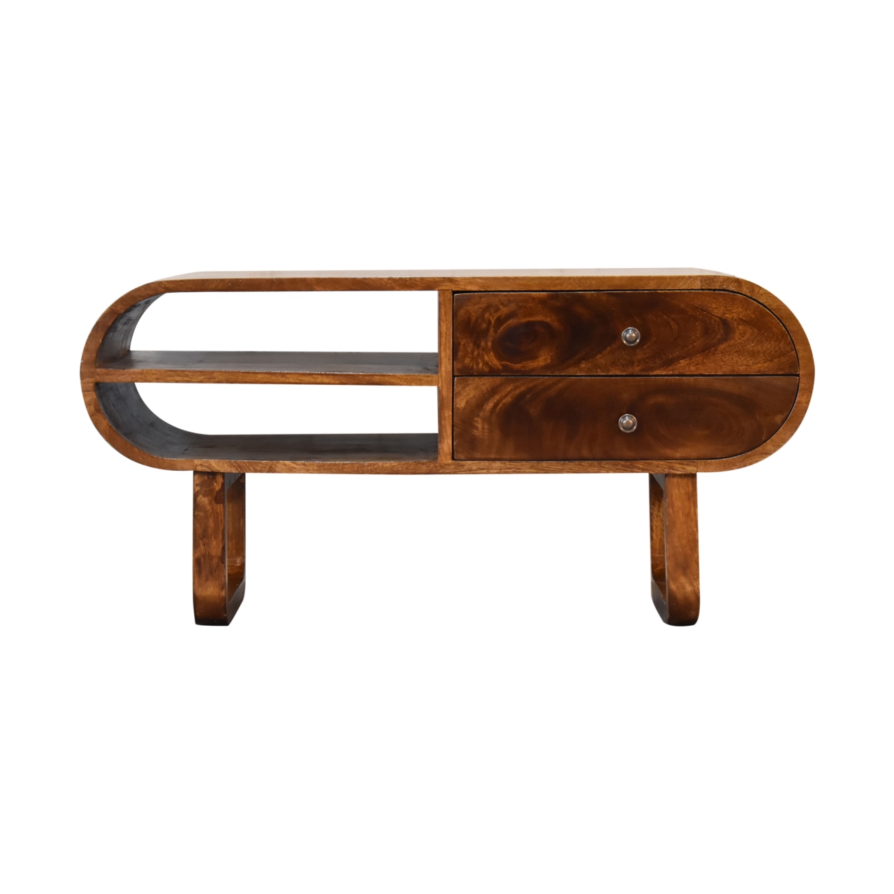 Solid Mango Wood Chestnut Finished 2 Drawer Rounded London Media Unit with 'U' Shaped Legs