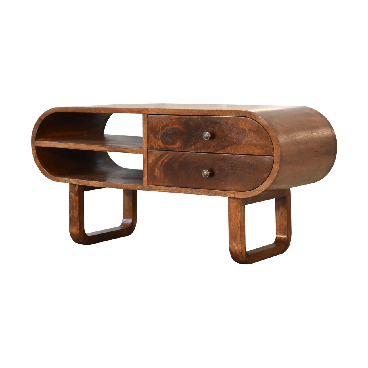 Solid Mango Wood Chestnut Finished 2 Drawer Rounded London Media Unit with 'U' Shaped Legs - Image 2