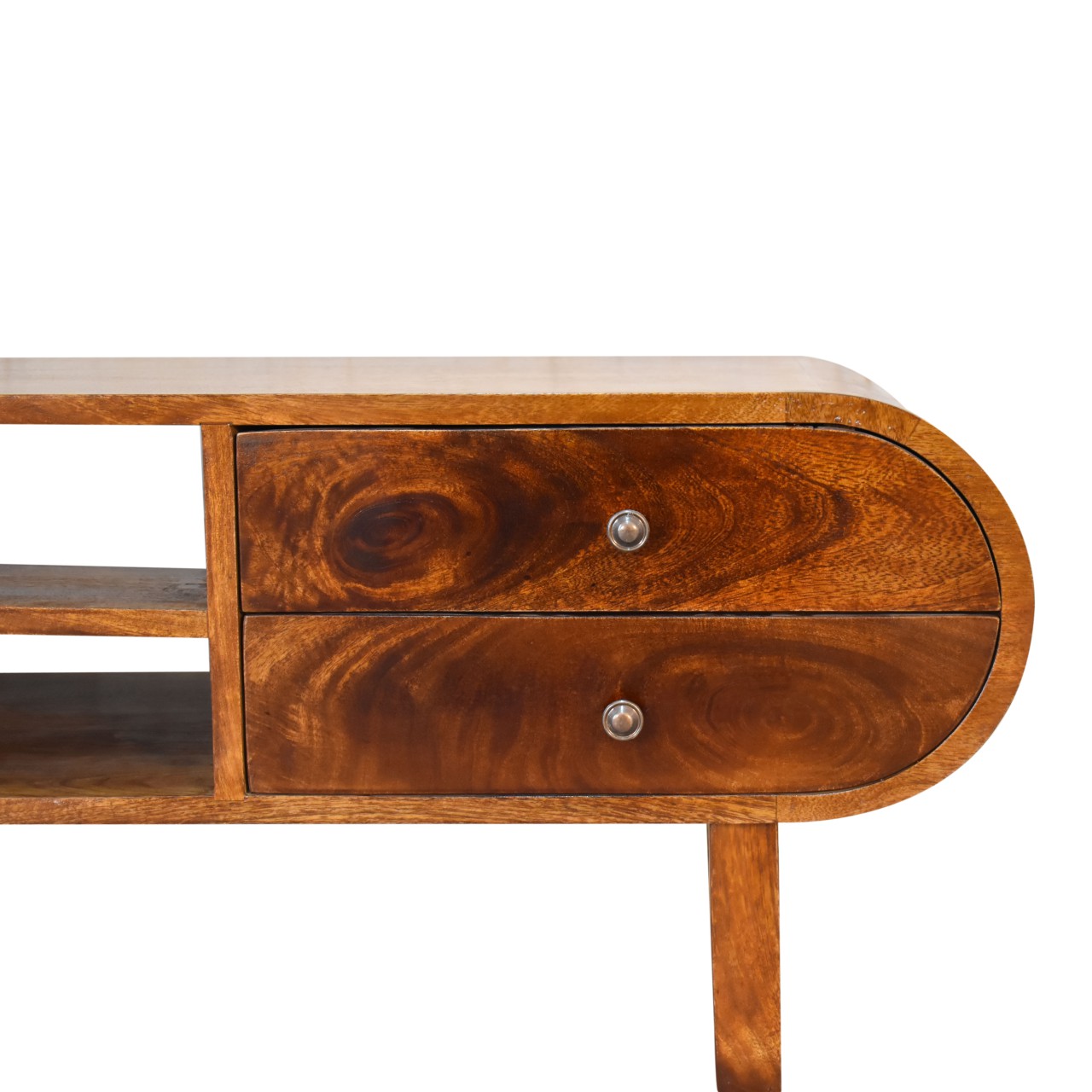 Solid Mango Wood Chestnut Finished 2 Drawer Rounded London Media Unit with 'U' Shaped Legs - Image 4