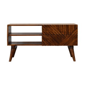 Solid Mango Wood Chestnut Finished 2 Drawer Lille Geometric Pattern Media Unit