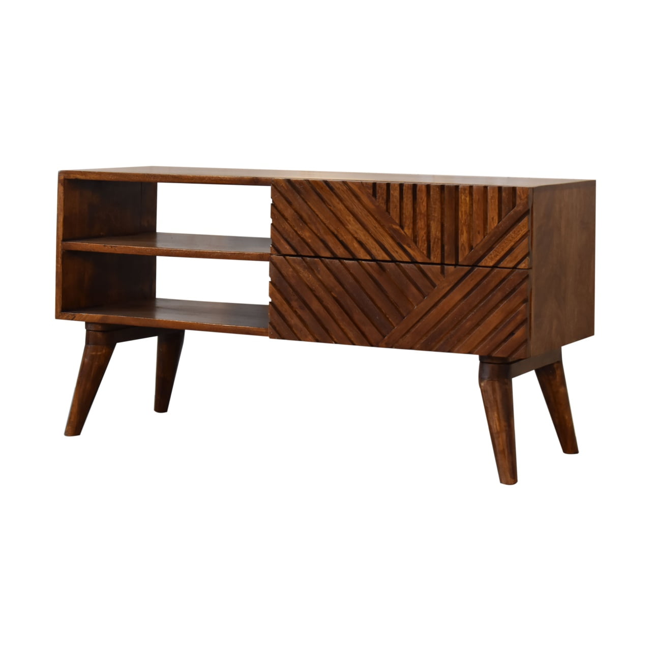 Solid Mango Wood Chestnut Finished 2 Drawer Lille Geometric Pattern Media Unit - Image 2