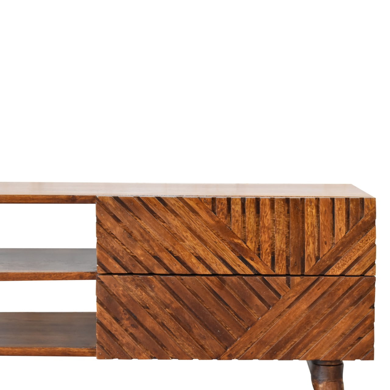 Solid Mango Wood Chestnut Finished 2 Drawer Lille Geometric Pattern Media Unit - Image 5