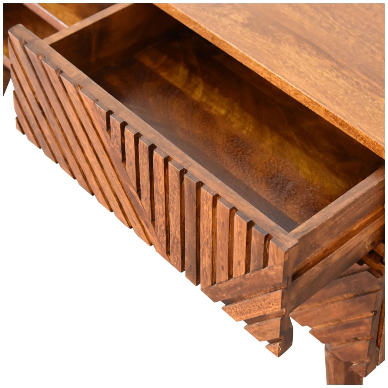 Solid Mango Wood Chestnut Finished 2 Drawer Lille Geometric Pattern Media Unit - Image 6