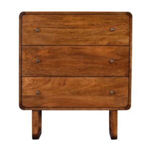 Solid Mango Wood Chestnut Finished 3 Drawer Curved Chest with 'U' Shaped Legs