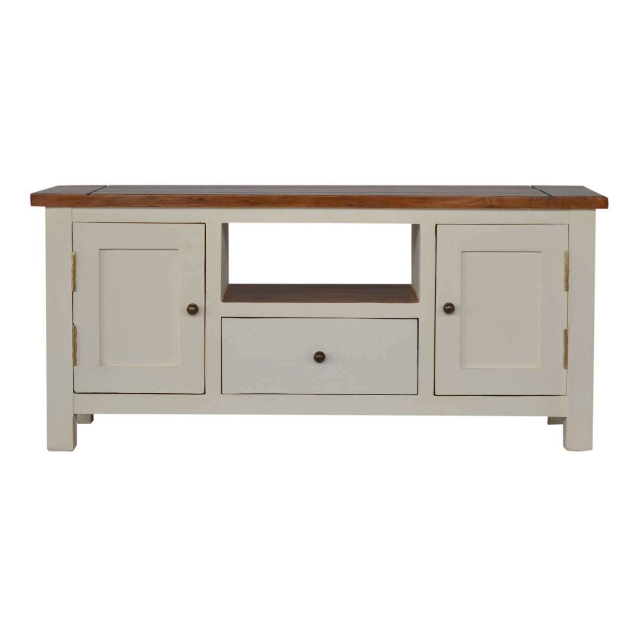 Solid Mango Wood Chestnut Finished Two Tone Top 1 Drawer 2 Doors Country Media Unit