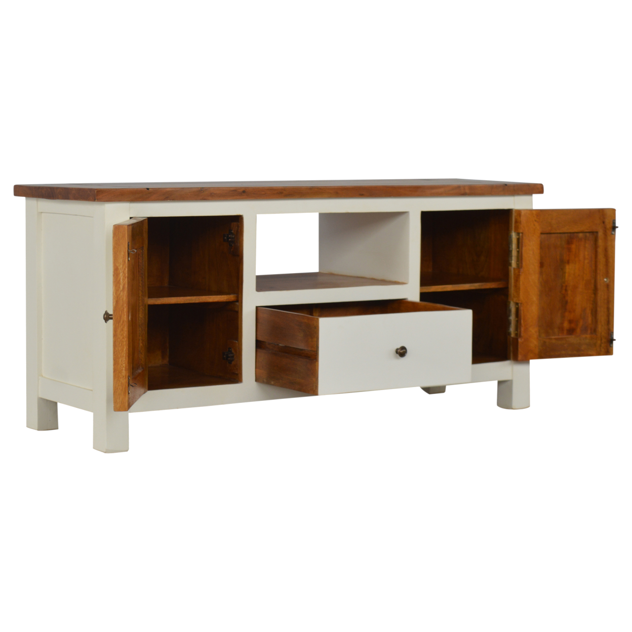 Solid Mango Wood Chestnut Finished Two Tone Top 1 Drawer 2 Doors Country Media Unit - Image 4