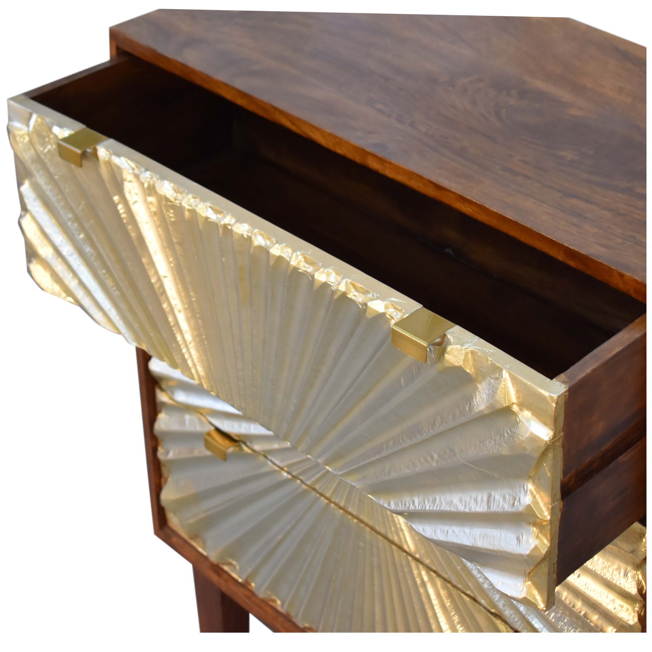 Solid Mango Wood Chestnut Finished 3 Drawer Manila Gold Tapered Chest - Image 6
