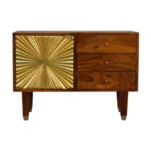 Solid Mango Wood Chestnut Finished 3 Drawer 1 Door Manila Gold Sunburst Sideboard