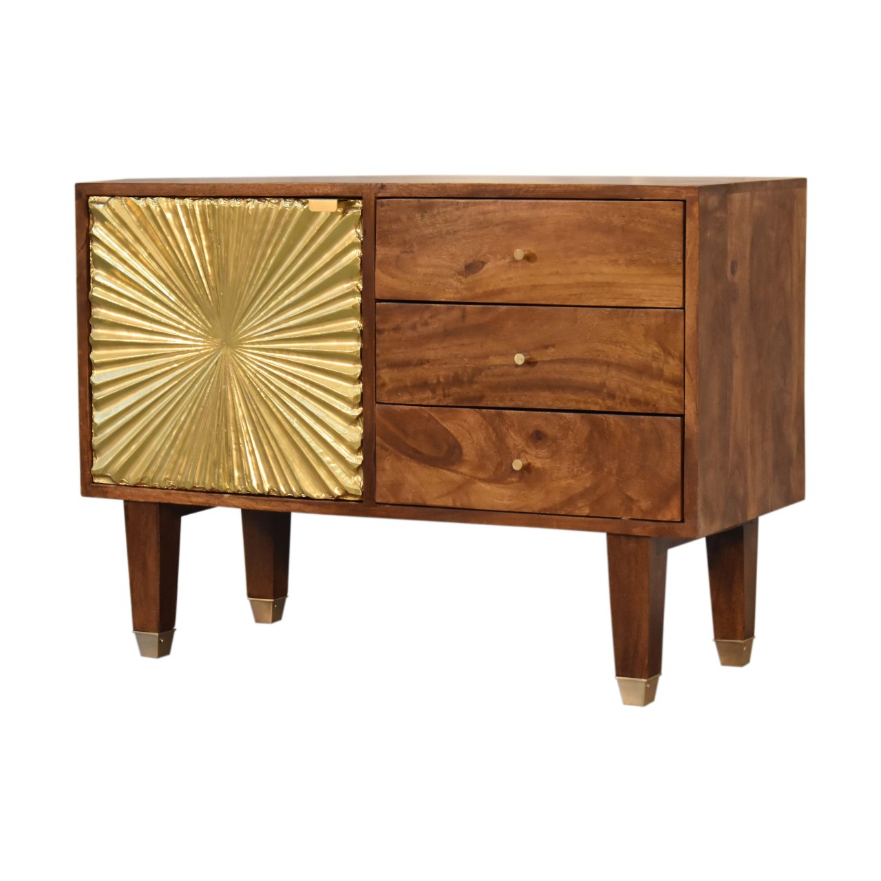 Solid Mango Wood Chestnut Finished 3 Drawer 1 Door Manila Gold Sunburst Sideboard - Image 2