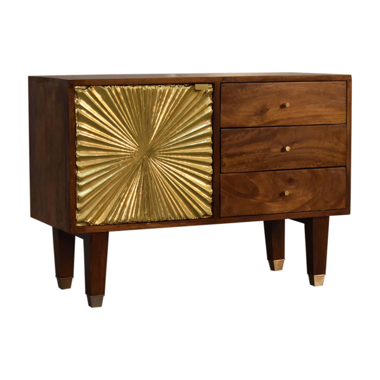 Solid Mango Wood Chestnut Finished 3 Drawer 1 Door Manila Gold Sunburst Sideboard - Image 3