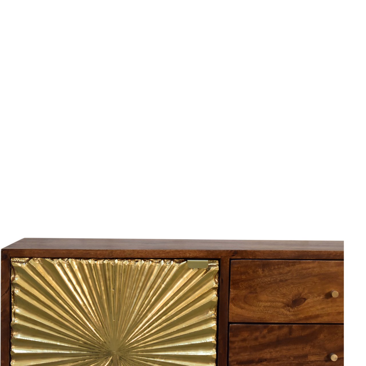 Solid Mango Wood Chestnut Finished 3 Drawer 1 Door Manila Gold Sunburst Sideboard - Image 4