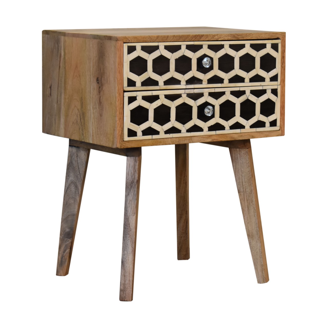 Solid Mango Wood Oak Finished 2 Drawer Bone Inlay Scandinavian Style Bedside - Image 3