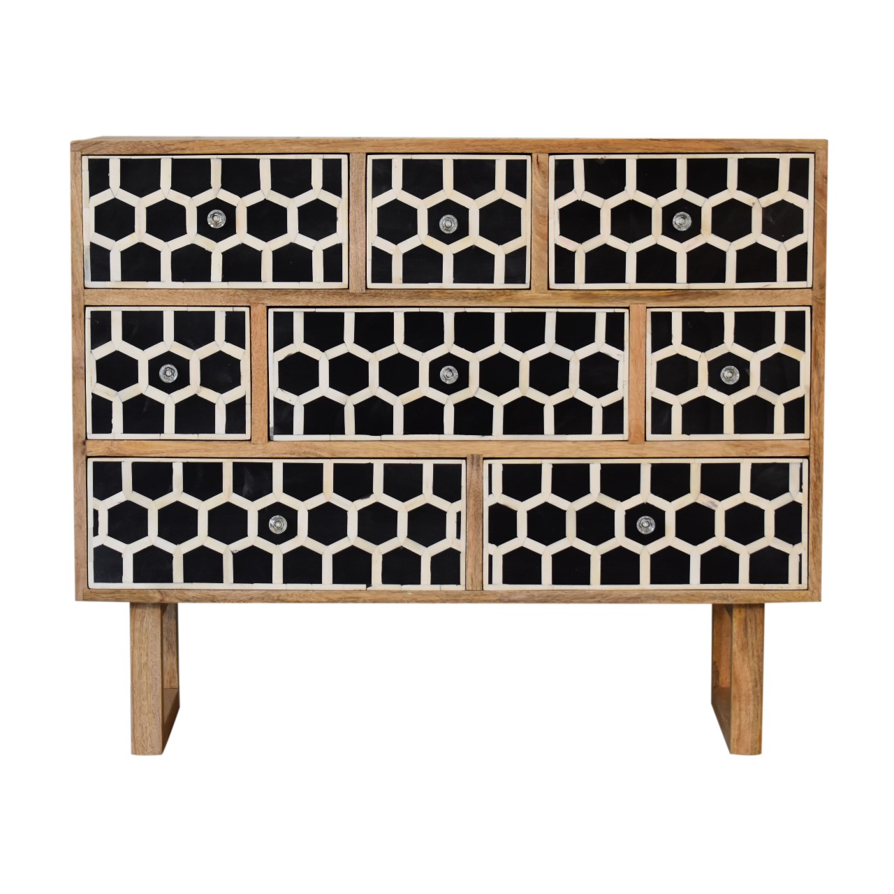 Solid Mango Wood Oak Finished 8 Drawer Bone Inlay Chest with 'U' Shaped Legs