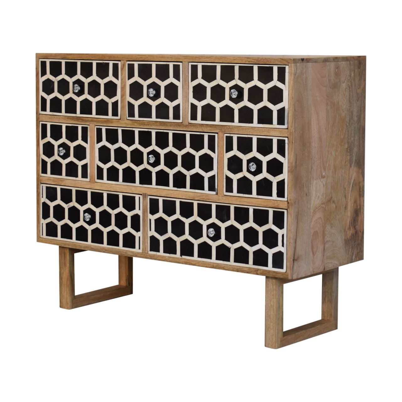 Solid Mango Wood Oak Finished 8 Drawer Bone Inlay Chest with 'U' Shaped Legs - Image 3