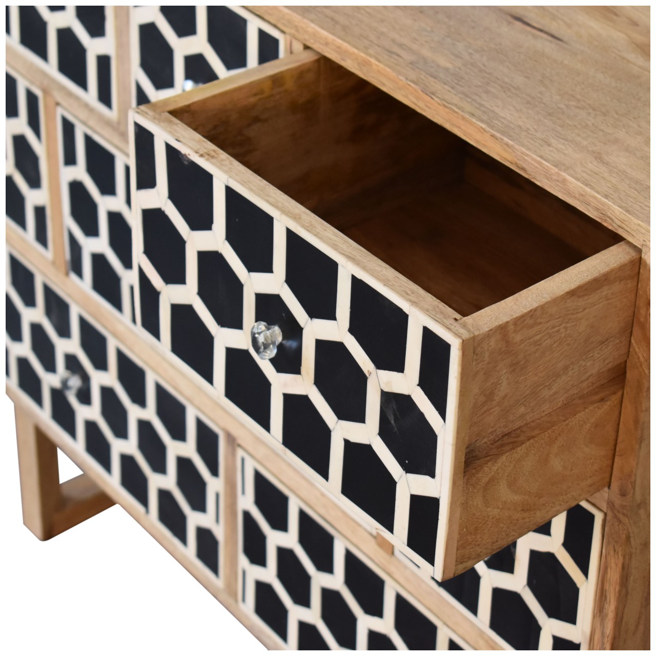 Solid Mango Wood Oak Finished 8 Drawer Bone Inlay Chest with 'U' Shaped Legs - Image 5
