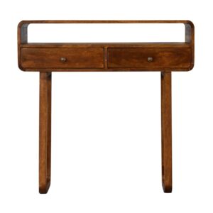Solid Mango Wood Chestnut Finished 2 Drawer Curved Console Table with 'U' Shaped Legs