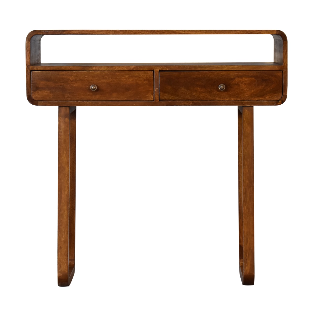 Solid Mango Wood Chestnut Finished 2 Drawer Curved Console Table with 'U' Shaped Legs