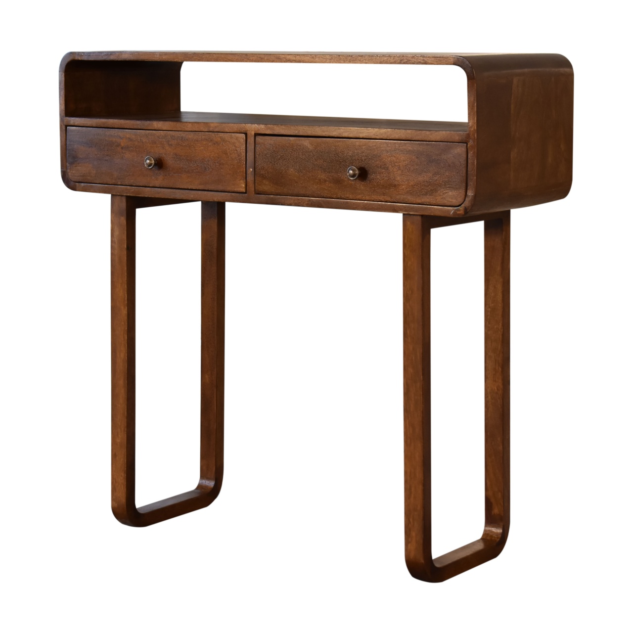 Solid Mango Wood Chestnut Finished 2 Drawer Curved Console Table with 'U' Shaped Legs - Image 2