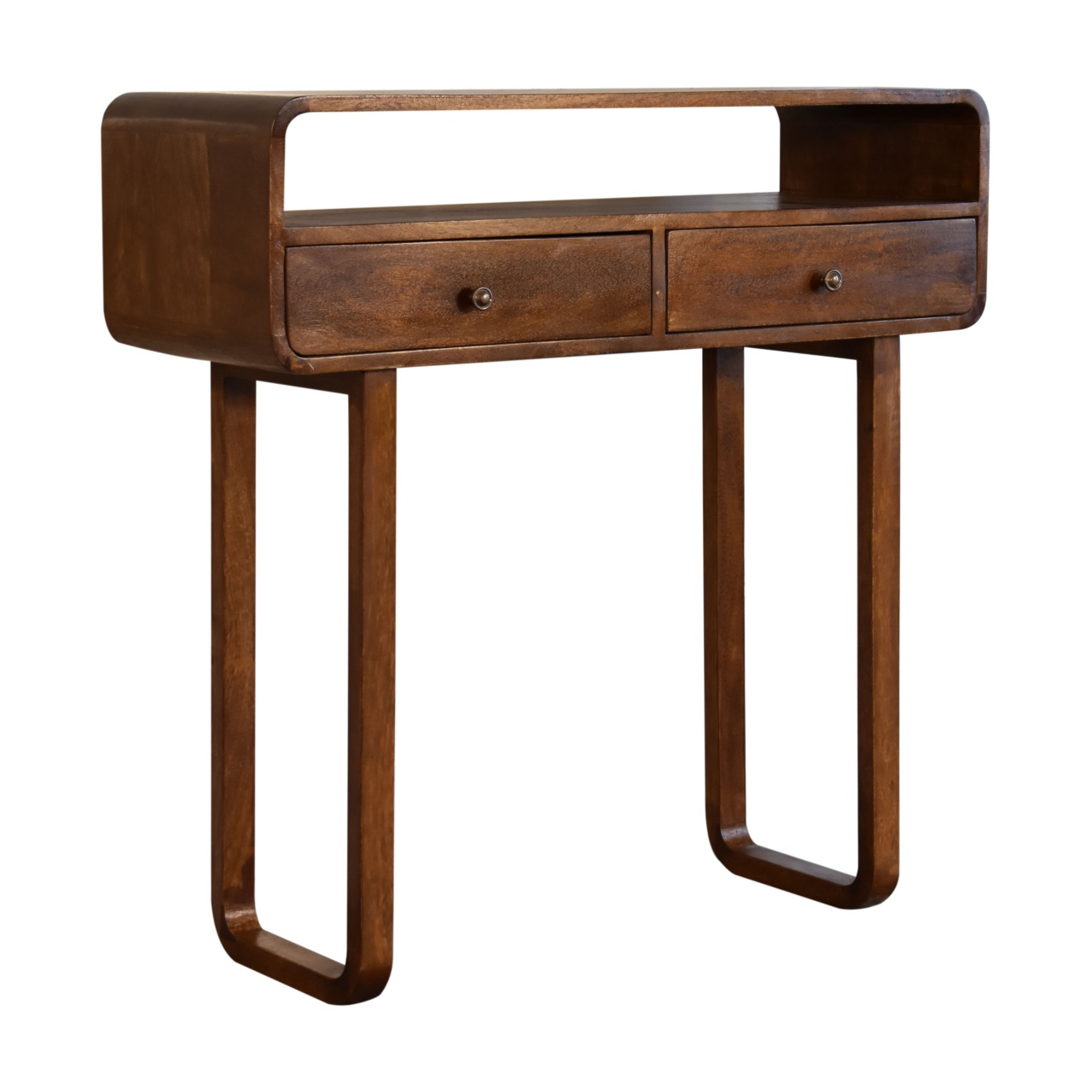 Solid Mango Wood Chestnut Finished 2 Drawer Curved Console Table with 'U' Shaped Legs - Image 3