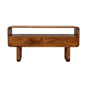 Solid Mango Wood Chestnut Finished 2 Drawer Curved Media Unit with 'U' Shaped Legs