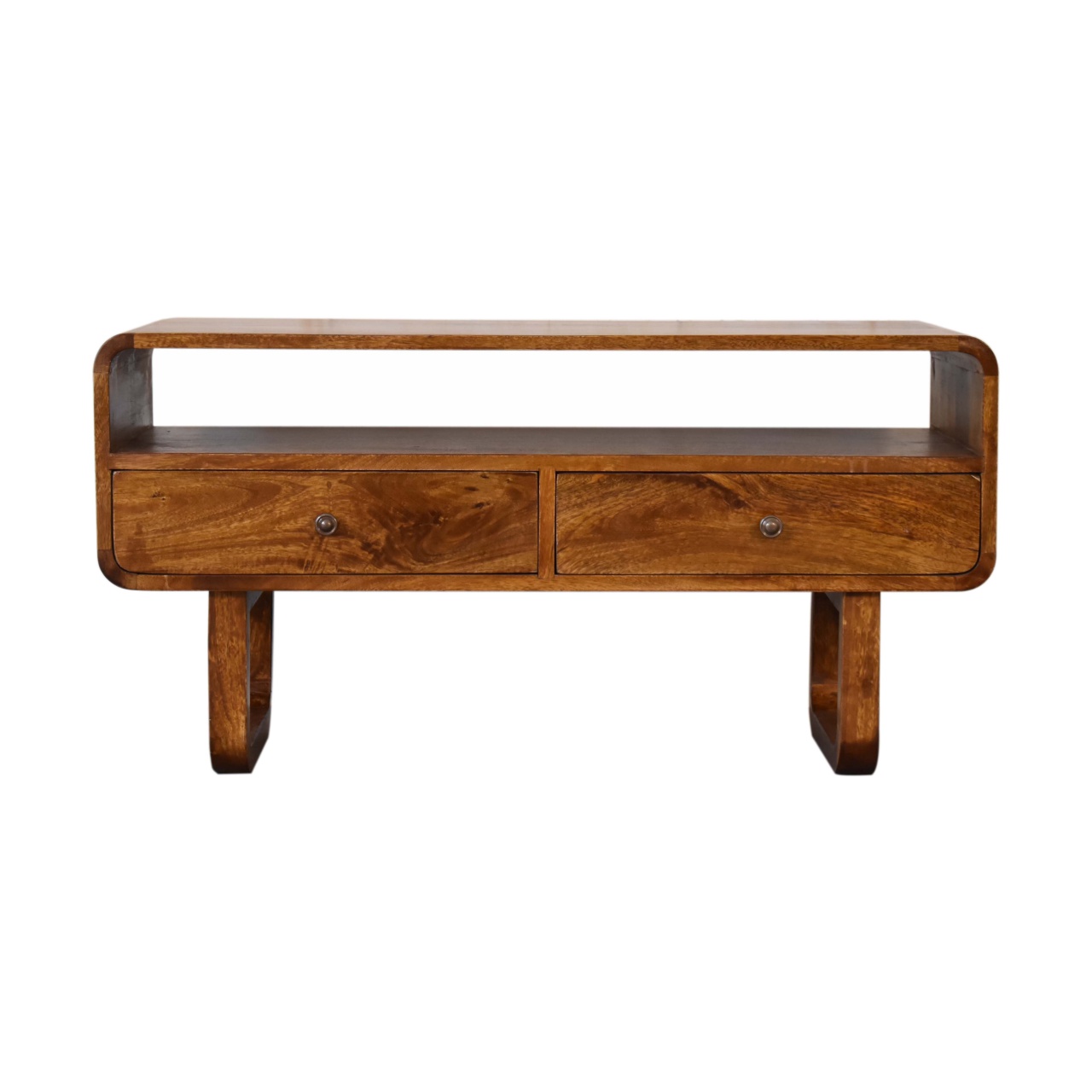 Solid Mango Wood Chestnut Finished 2 Drawer Curved Media Unit with 'U' Shaped Legs