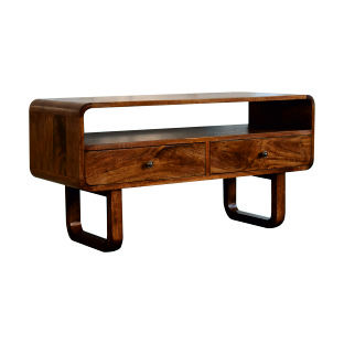 Solid Mango Wood Chestnut Finished 2 Drawer Curved Media Unit with 'U' Shaped Legs - Image 3