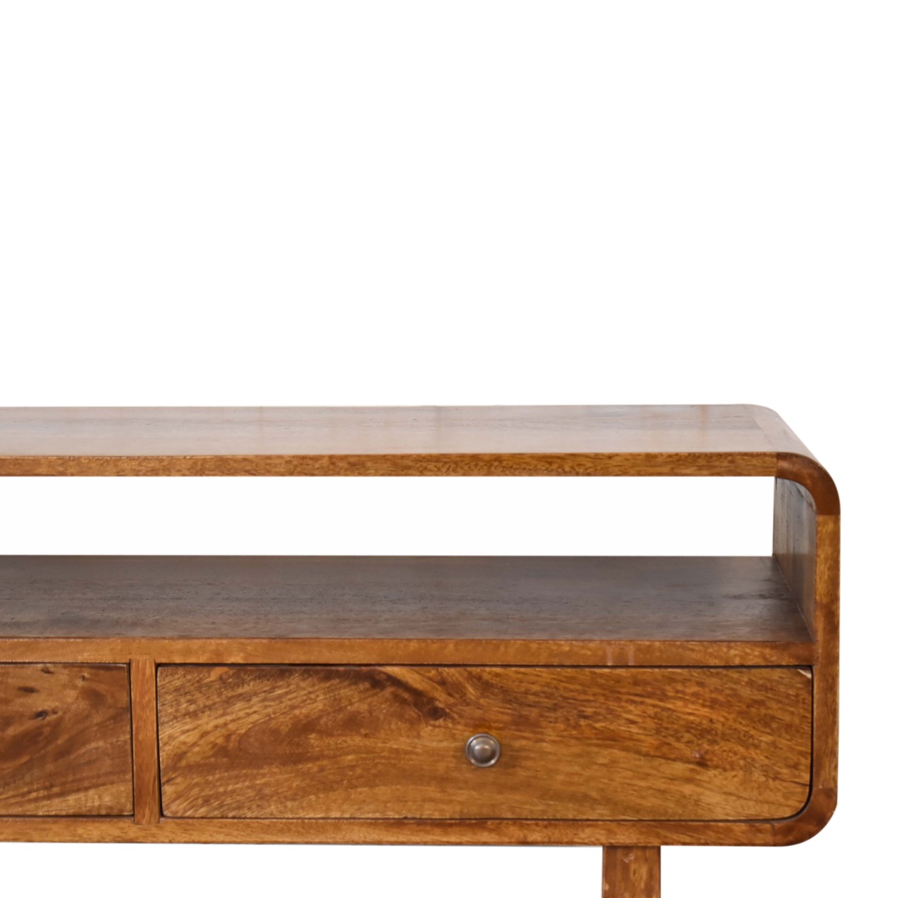 Solid Mango Wood Chestnut Finished 2 Drawer Curved Media Unit with 'U' Shaped Legs - Image 4
