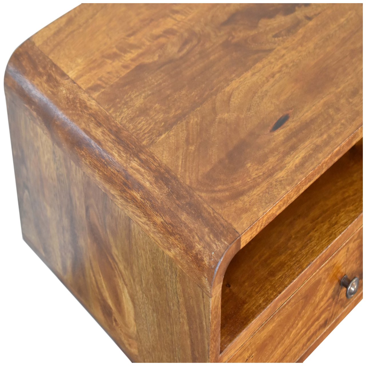 Solid Mango Wood Chestnut Finished 2 Drawer Curved Media Unit with 'U' Shaped Legs - Image 5