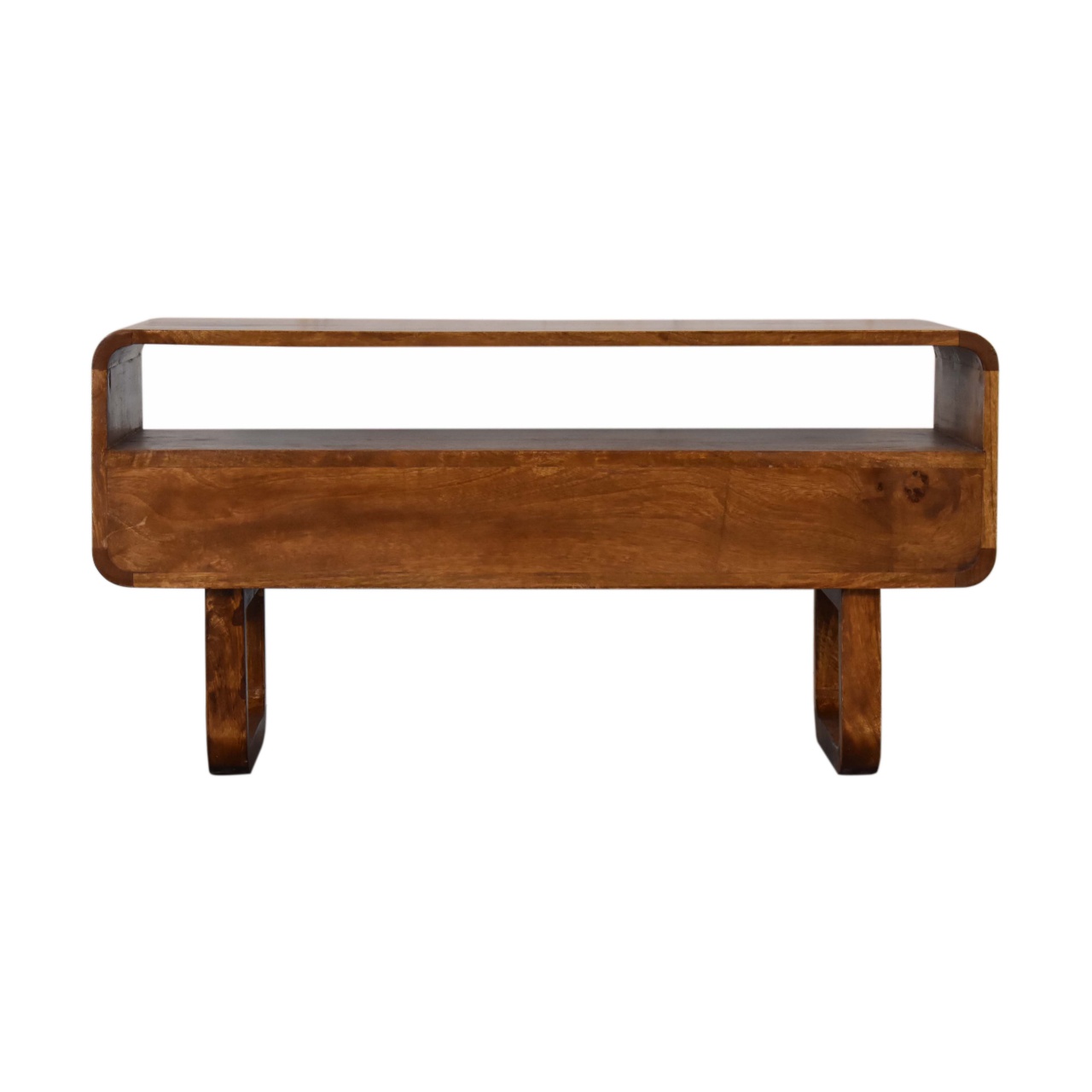 Solid Mango Wood Chestnut Finished 2 Drawer Curved Media Unit with 'U' Shaped Legs - Image 9