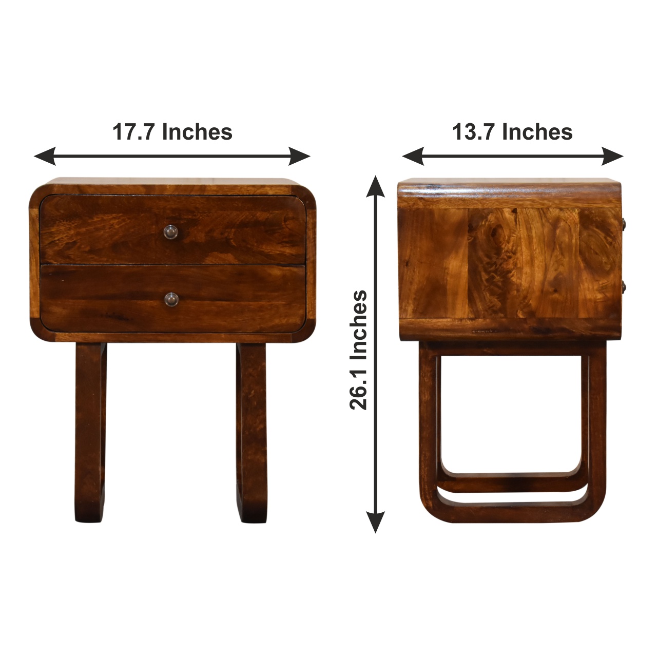 Solid Mango Wood Chestnut Finished 2 Drawer Bedside with 'U' Shaped Legs - Image 10