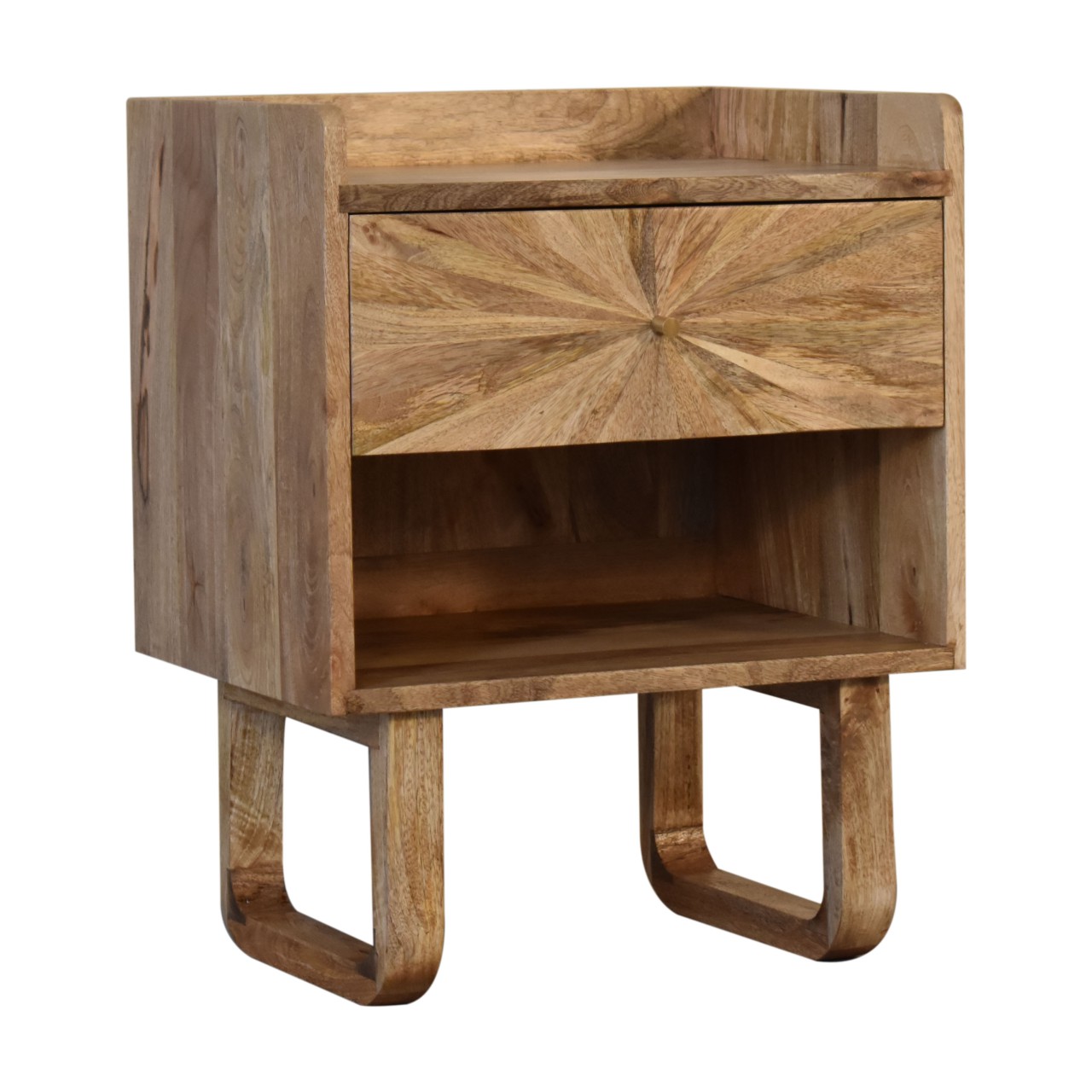 Solid Mango Wood Oak Finished 1 Drawer 1 Slot U-Shaped Legs Sunrise Bedside - Image 2