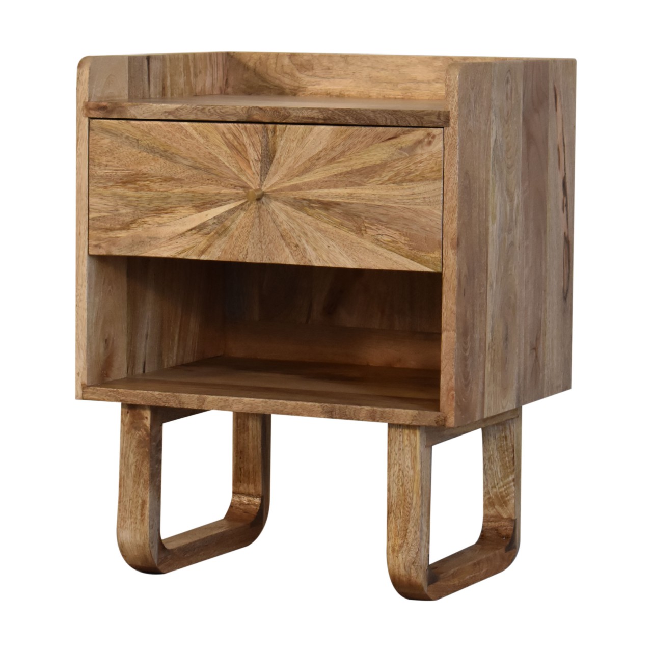 Solid Mango Wood Oak Finished 1 Drawer 1 Slot U-Shaped Legs Sunrise Bedside - Image 3
