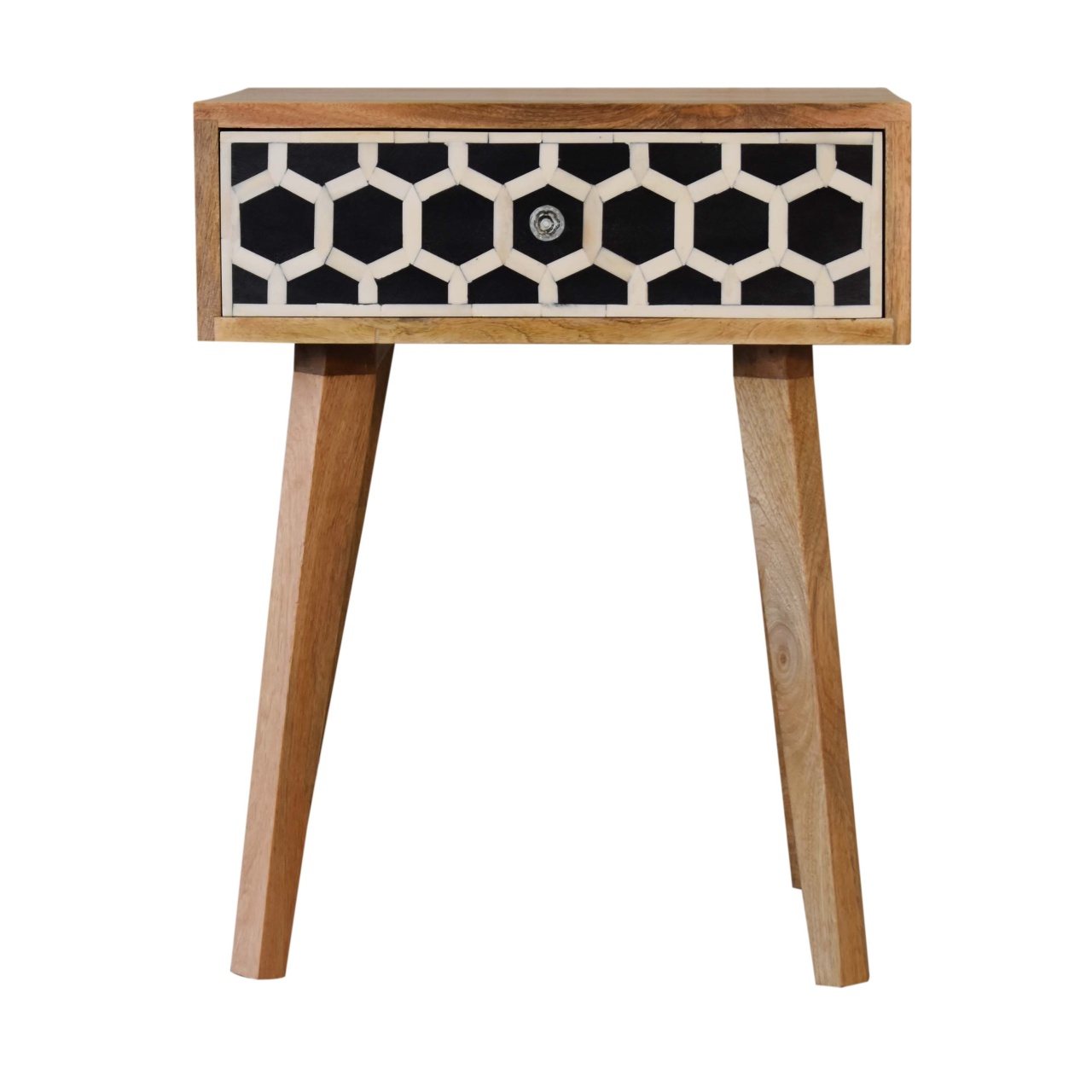 Solid Mango Wood Oak Finished Bone Inlay Tapered Bedside - Image 2